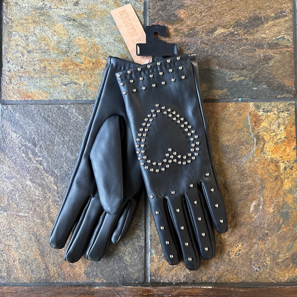Steve Madden Studded Heart Black Leather Gloves